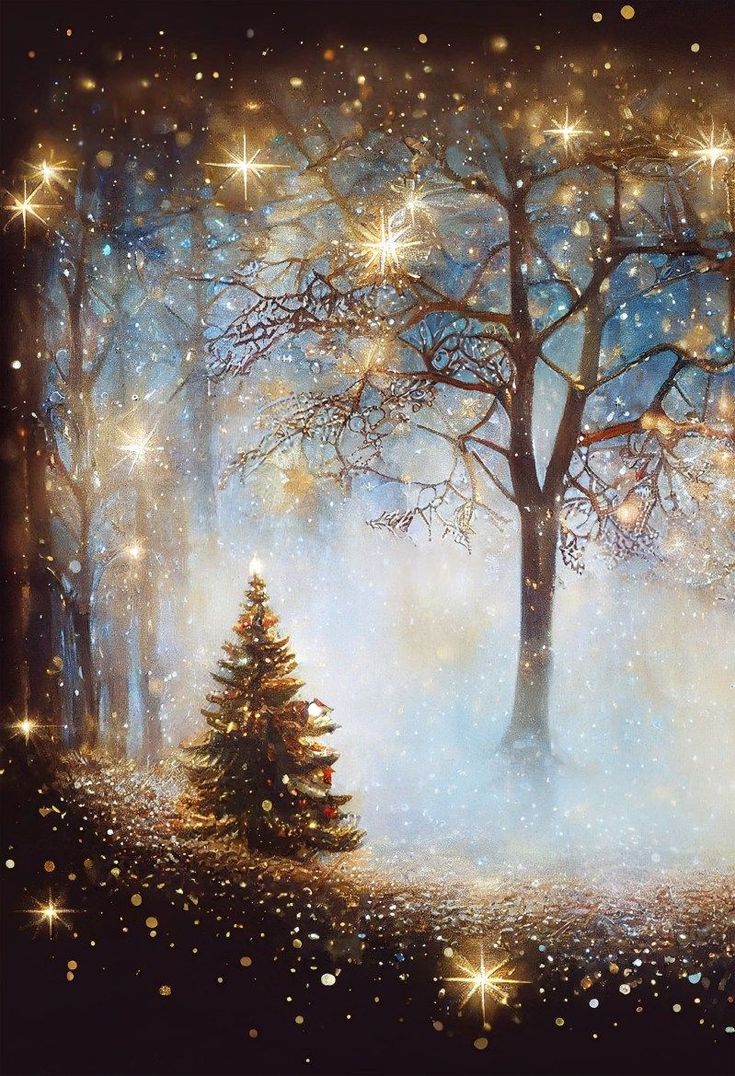 a painting of a christmas tree surrounded by stars