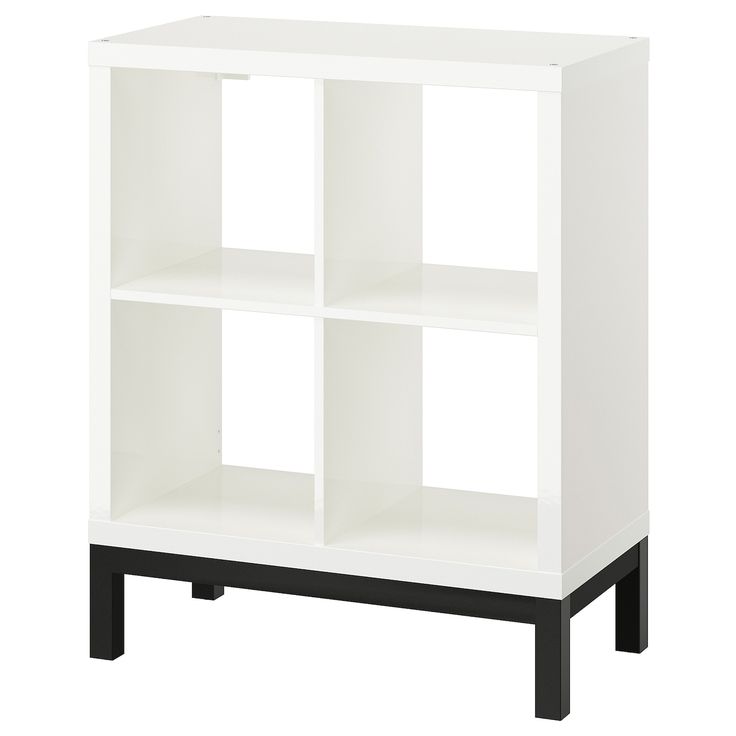 a white bookcase with four shelves on each side and black legs, against a white background