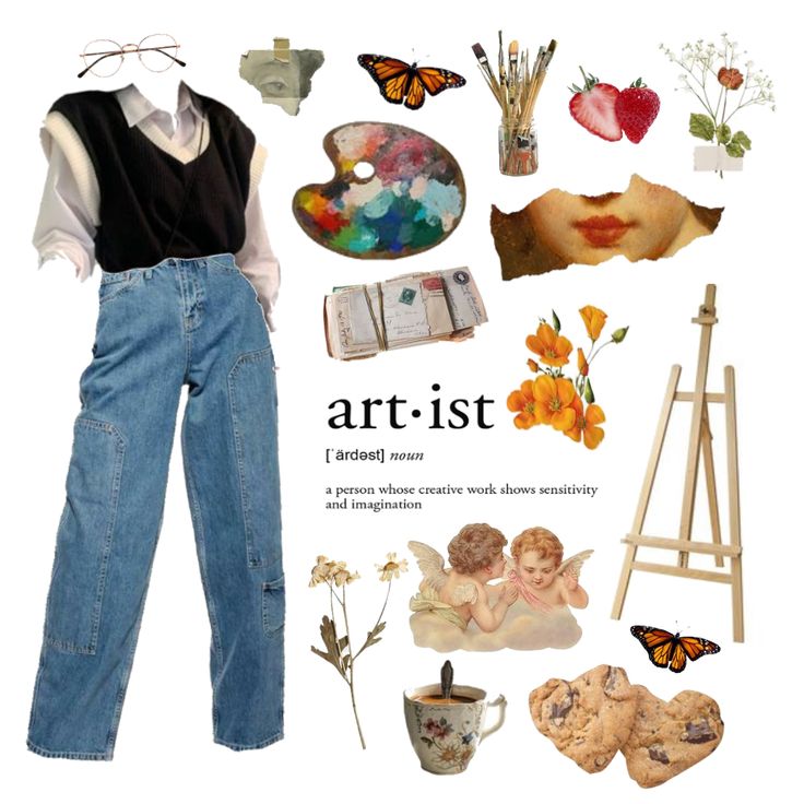 Artist Inspired Outfits, Aesthetic Art Outfits, Art Nerd Aesthetic Outfit, Art Themed Outfits, Artists Aesthetic Clothes, Artist Clothing Aesthetic, Art Teacher Clothes Aesthetic, Art Students Outfit Aesthetic, Outfit For Artist