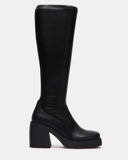 BERKLEIGH Black Wide Calf Knee High Boot | Women's Platform Boots Brown Platform Boots, Wide Calf Knee High Boots, Steve Madden Store, Apparel Merchandising, Platform Block Heels, Leather Socks, Knee Boot, Wide Calf, 2024 Fashion