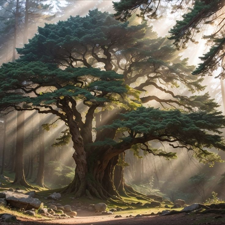 a large tree in the middle of a forest with sunbeams shining through it