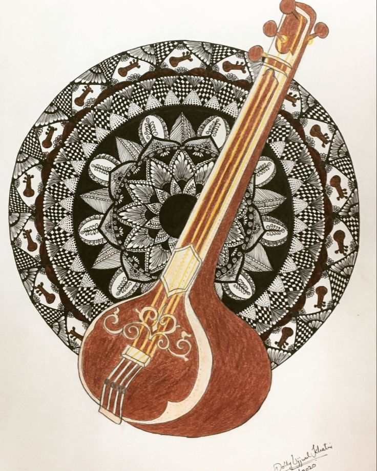 a drawing of a violin in front of a circular background with an ornament