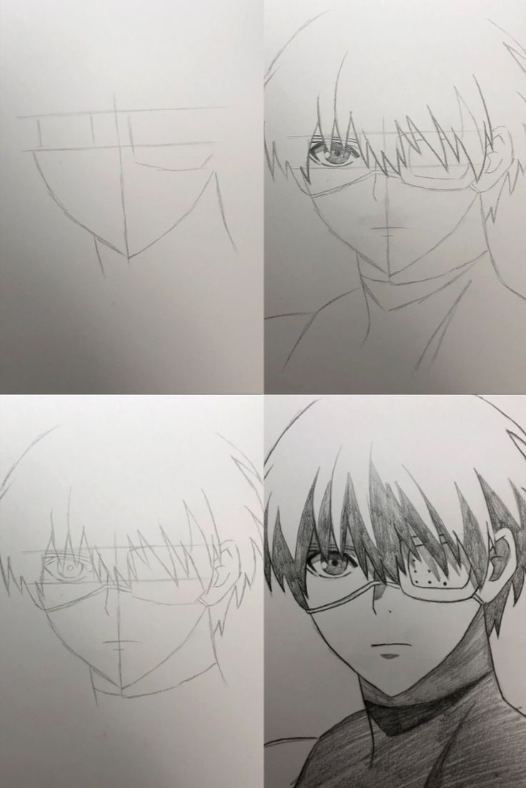 four different views of an anime character's face and hair, with the same drawing technique