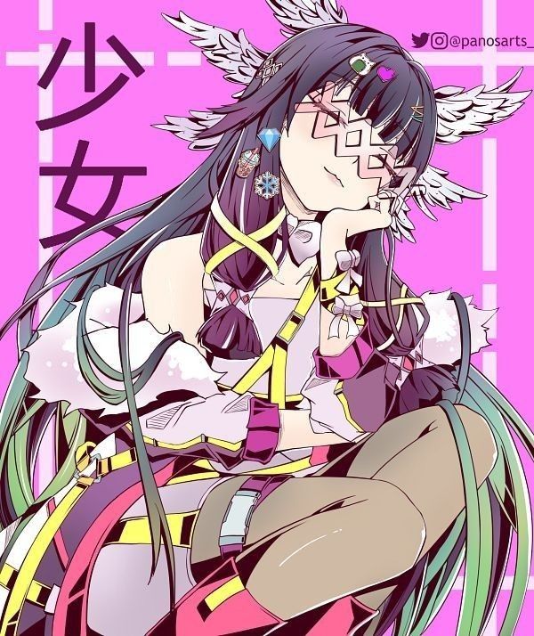 an anime character with long black hair and green eyes, sitting on the ground in front of a pink background