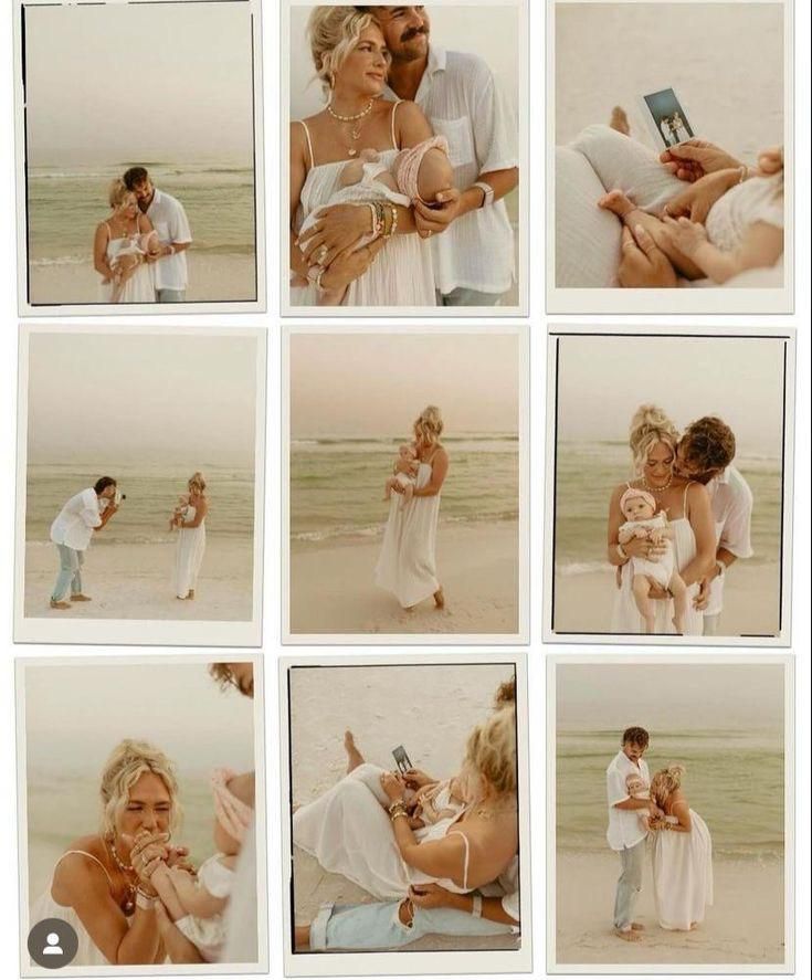 multiple pictures of people on the beach with one holding a baby