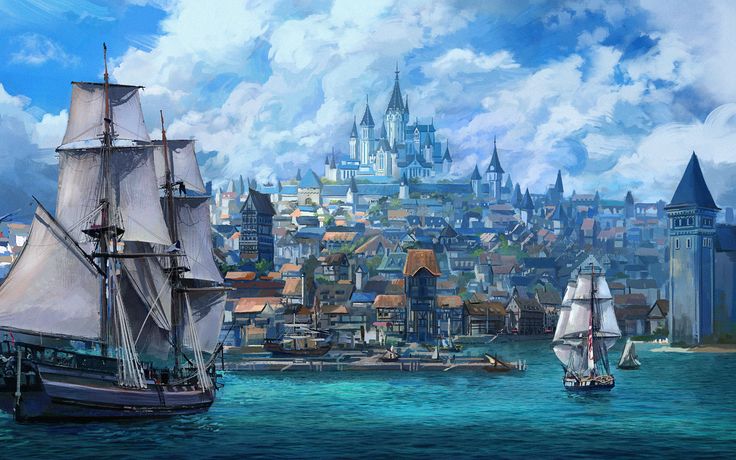 a painting of a city with ships in the water