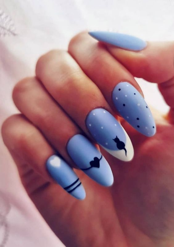 True Blue Cat Nail Designs Cats Nail Art, Cute Cat Nail Art Designs, Cute Animals Nail Art, Simple Black Cat Nails, Nail Designs With Cats, Acrylic Nails Cat Design, Cute Animals Nails, Cats Nails Design, Animals Nails Design