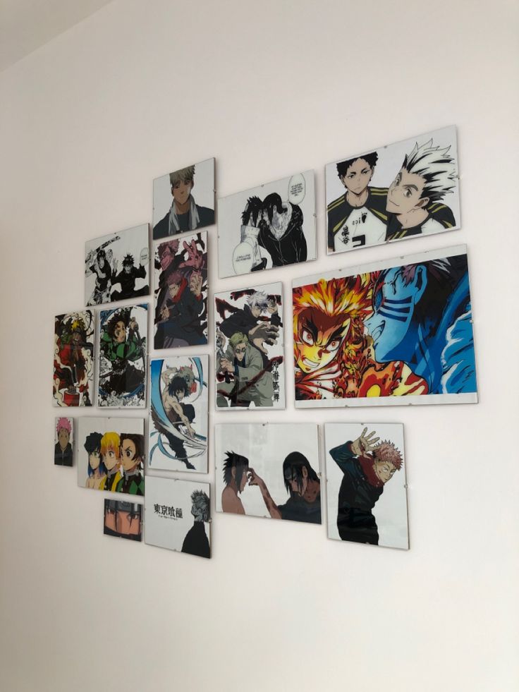 a bunch of pictures are hanging on the wall