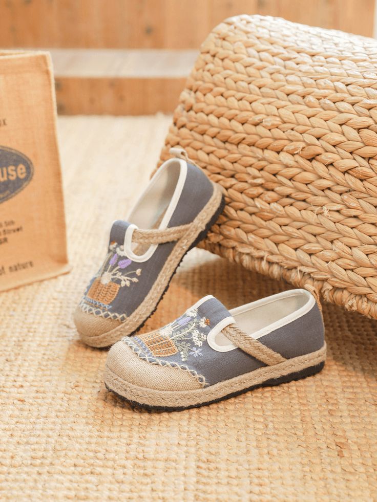 These light breathable espadrilles feature delicate embroidery for a touch of whimsy. Made with linen, they're perfect for a day of fun in the sun. (No prickly cacti here - just flowers and comfort!) 0.59" heel Slip-on 100% Linen upper No lining Natural straw mat breathable insole Rubber sole Spring Embroidered Round Toe Espadrilles, Summer Embroidered Espadrilles With Round Toe, Spring Embroidered Closed Toe Espadrilles, Embroidered Closed Toe Espadrilles For Spring, Spring Embroidered Slip-on Espadrilles, Summer Embroidered Flat Espadrilles, Embroidered Slip-on Espadrilles For Spring, Embroidered Flat Espadrilles For Summer, Casual Embroidered Closed Toe Espadrilles