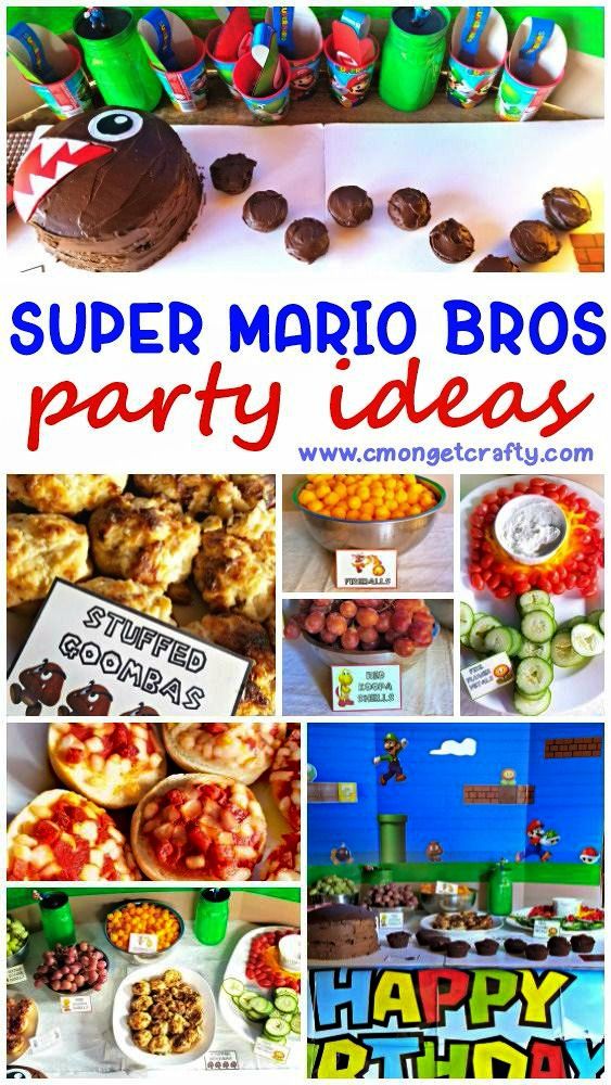 this is a super mario bros party with lots of food and desserts on the table