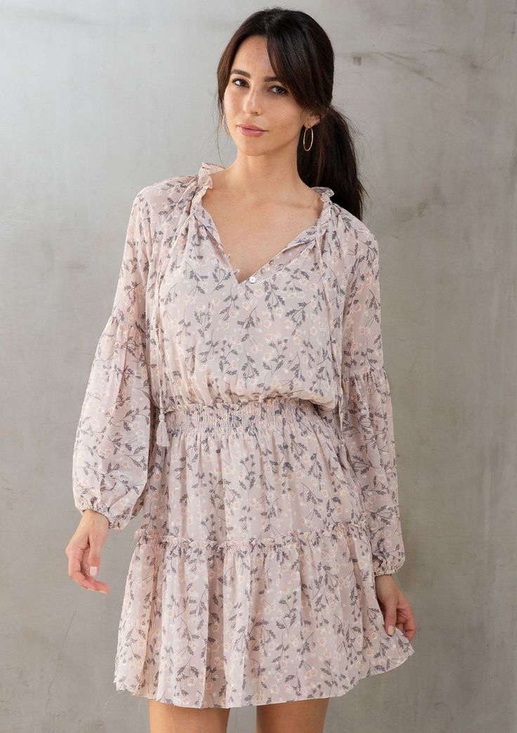 [Color: Almond/Cream] Lovestitch pink Floral printed Flowy V-neck Peasant Boho Dress, Bohemian Mini Dress With Smocked Bodice And V-neck, Feminine Boho Dress With Floral Print And V-neck, Feminine Floral Print V-neck Boho Dress, Feminine Boho V-neck Dress With Floral Print, Feminine Boho V-neck Floral Dress, Bohemian Dress With Blouson Sleeves And V-neck, Bohemian V-neck Dress With Blouson Sleeves, Spring V-neck Mini Dress With Blouson Sleeves