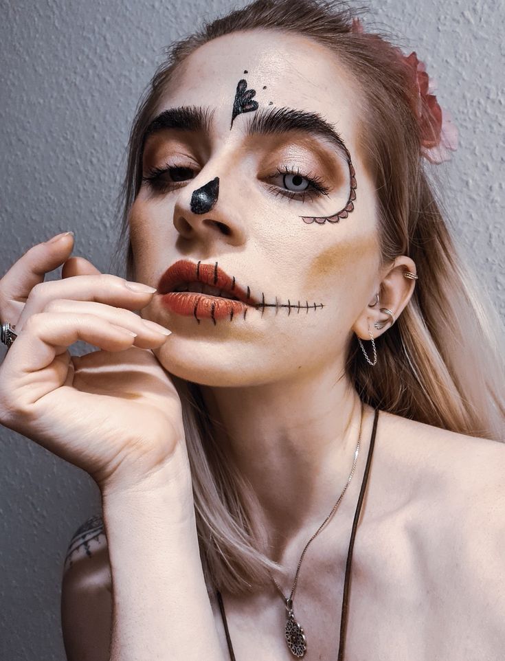 #skull #halloween #skullmakeup #candyskull #sugarskull Face Skull Makeup, Subtle Skull Makeup, Simple Skull Makeup, Easy Dia De Los Muertos Makeup Ideas Half Face, Half Face Skull Makeup, Half Face Skull Makeup Easy, Day Of The Dead Makeup Half Face, Sugar Skull Makeup Tutorial, Half Face Sugar Skull Makeup