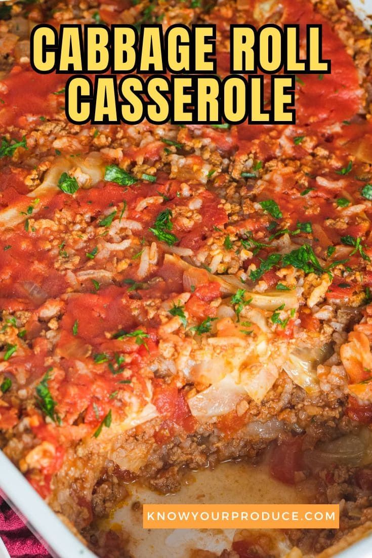 cabbage roll casserole with text overlay that reads cabbage roll casserole