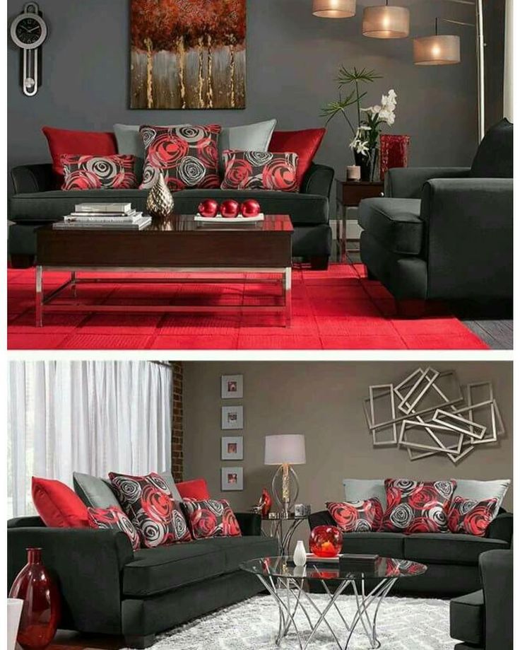 two pictures of a living room with red and black furniture in the same color scheme