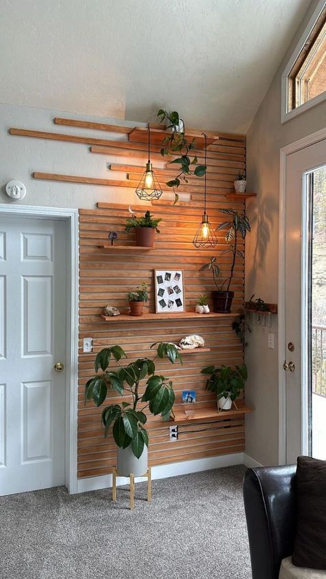 a living room filled with furniture and lots of plants on wooden shelves next to a door