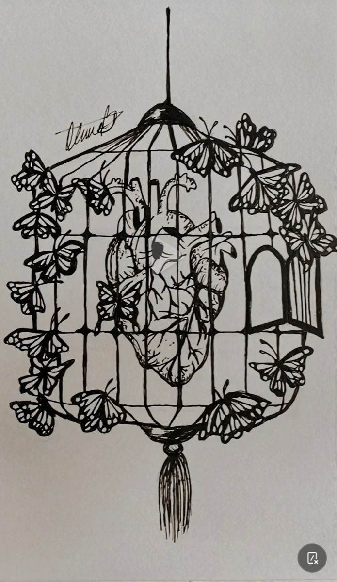 a drawing of a bird in a cage with flowers and leaves on it's sides