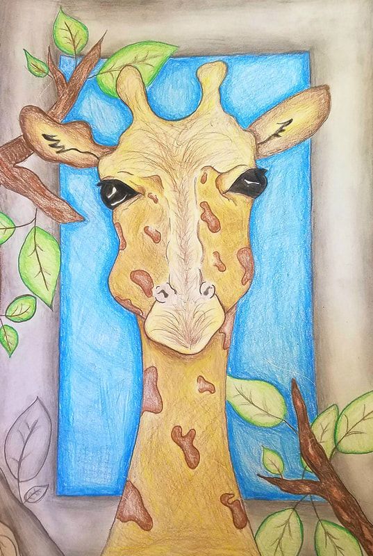 a drawing of a giraffe with leaves on it's head and eyes