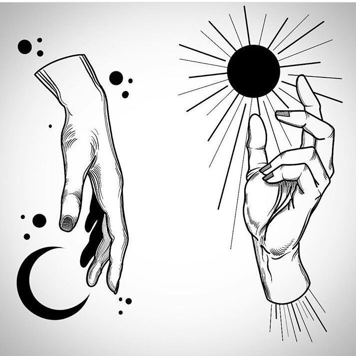 two hands are holding the sun and moon