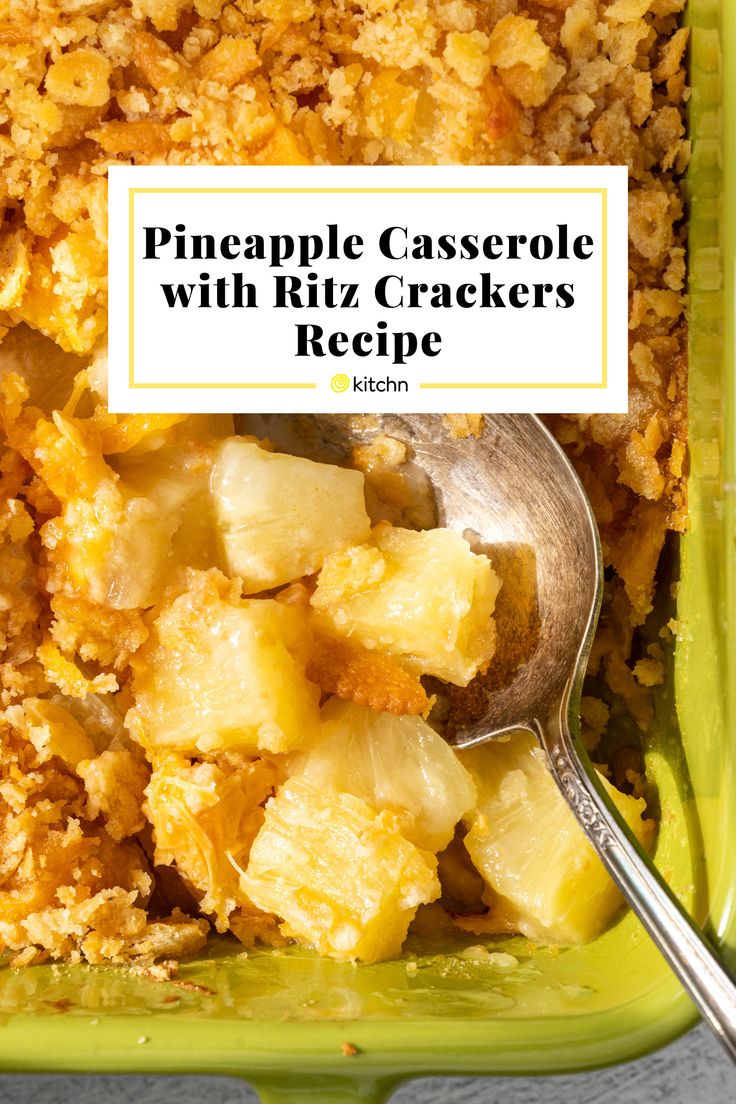 pineapple casserole with ritz crackers recipe in a green dish on a table