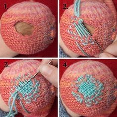 four pictures showing how to make a knitted ornament