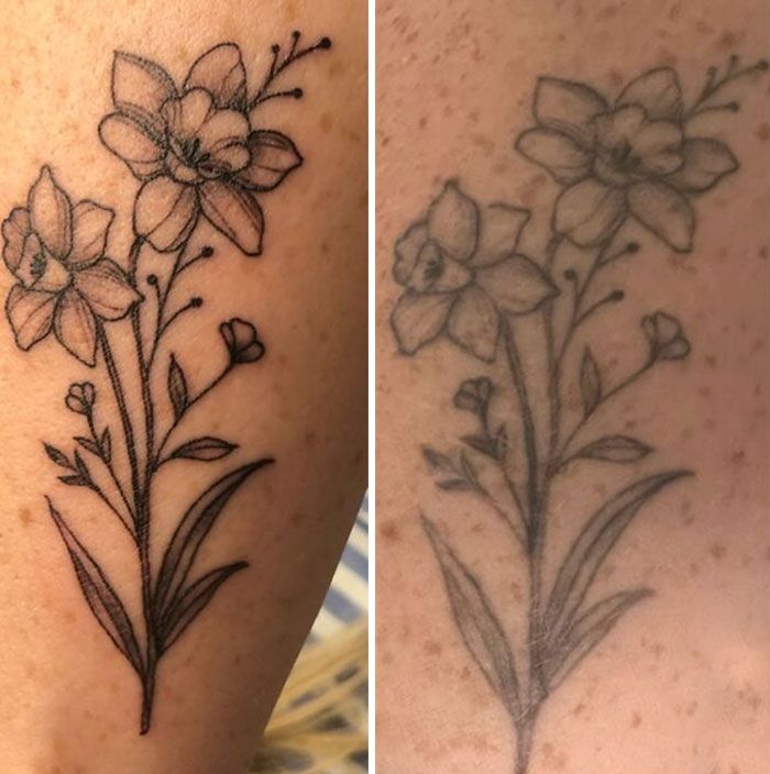 two different tattoos with flowers on them