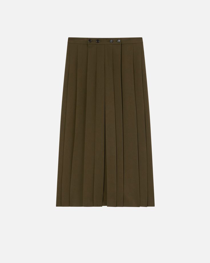 Ankle-length skirt in flowing stretch viscose-blend fabric with two slits and pleating at the front. The utility-workwear inspiration behind this skirt is accentuated by the waist buttons and two small rear welt pockets. Pleated Draped Flared Skirt For Work, Relaxed Midi Skirt For Workwear, Asymmetrical Pleated Waist Skirt, Elegant Pleated Flared Draped Skirt For Work, Pleated Asymmetrical Maxi Skirt, Asymmetrical Pleated Maxi Skirt, Workwear Asymmetrical Skirt With Pleated Waist, Asymmetrical Pleated Waist Skirt For Work, Formal Asymmetrical Flowy Pleated Skirt