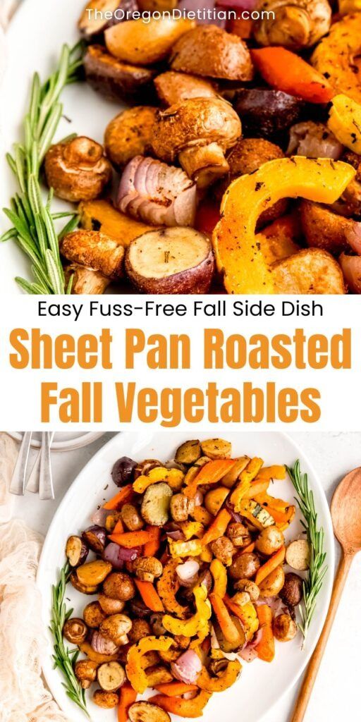 an image of sheet pan roasted vegetables with text overlay