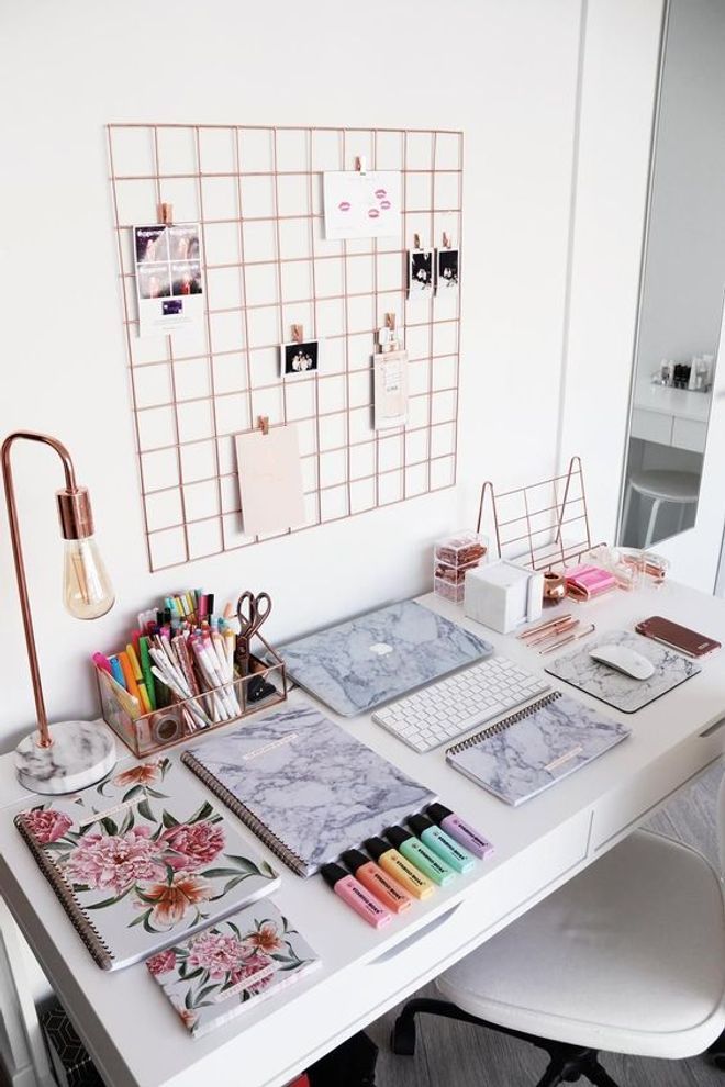 an image of a desk with many items on it and the words instagram com written below