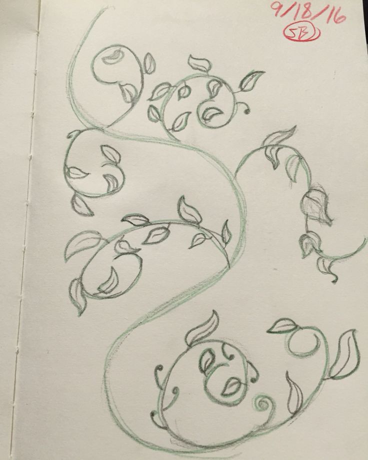 a drawing of a snake with leaves on it's tail and eyes drawn in pencil