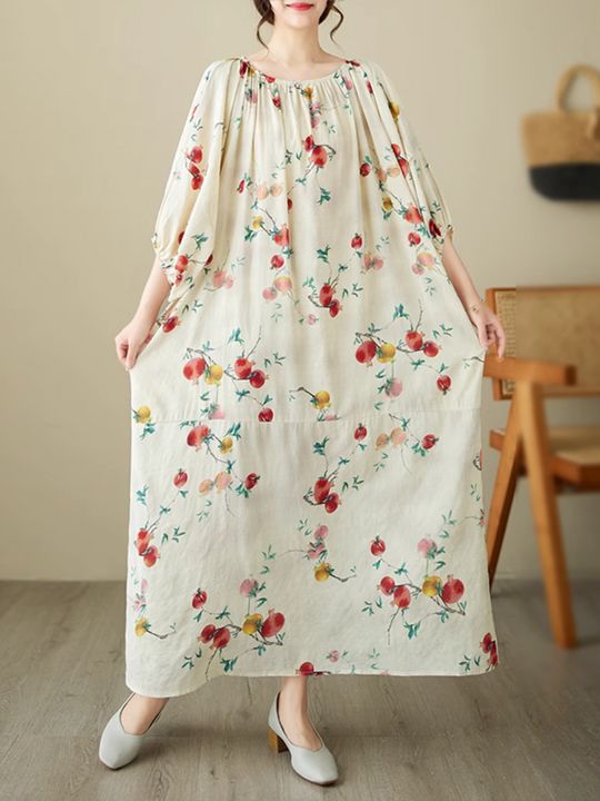 Be With You Ever Women's Printed A-Line Dress Relaxed Fit Cotton Dress For Garden Party, Relaxed Cotton Dress For Garden Party, Casual Floral Embroidered Maxi Dress For Spring, Flowy Casual Cotton Floral Dress, Spring Floral Cotton Dress With Short Sleeves, Bohemian Cotton Floral Dress With Short Sleeves, Casual Cotton Maxi Dress With Floral Embroidery, Relaxed Fit Floral Print Dress For Spring, Spring Floral Print Cotton Maxi Dress