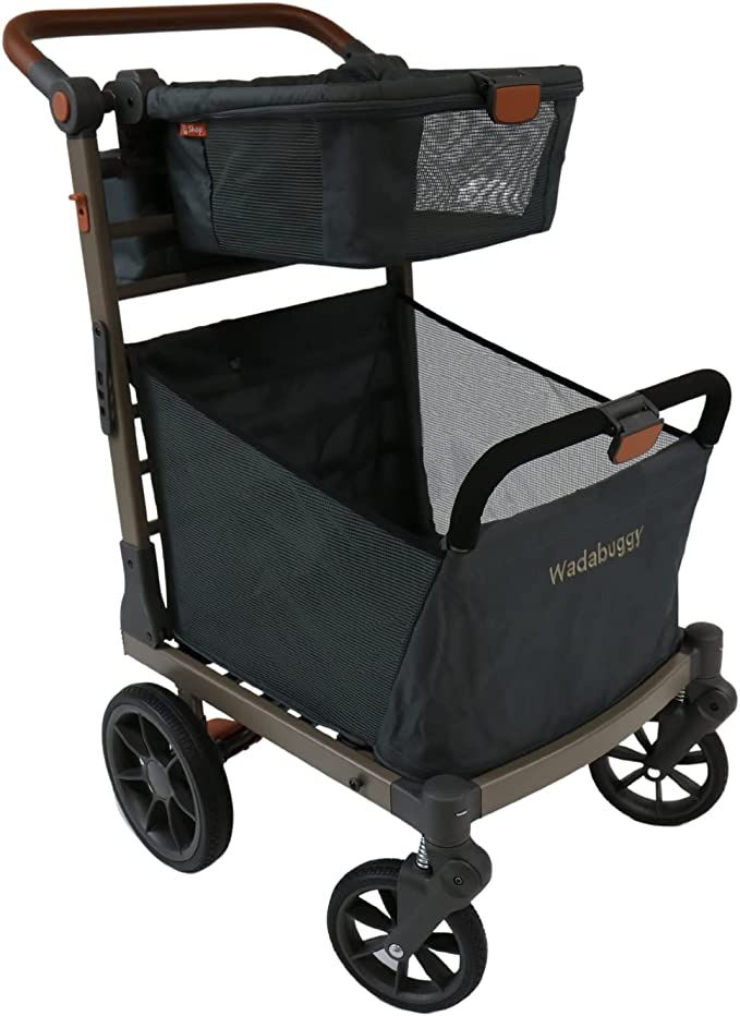 a baby stroller with two baskets and wheels