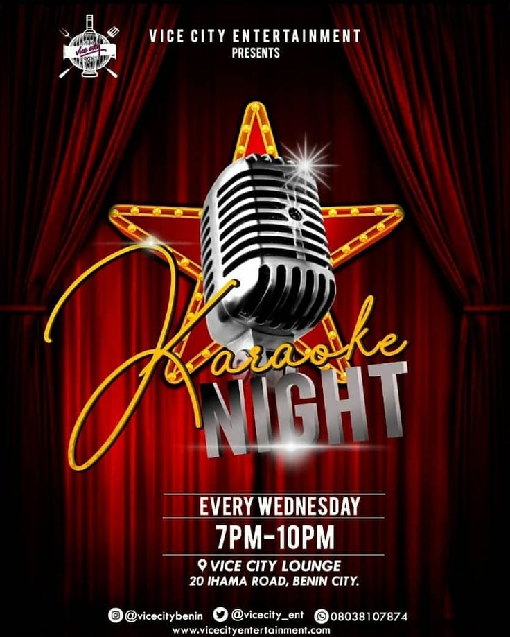 a poster for the karaoke night with a microphone on stage and red curtains behind it