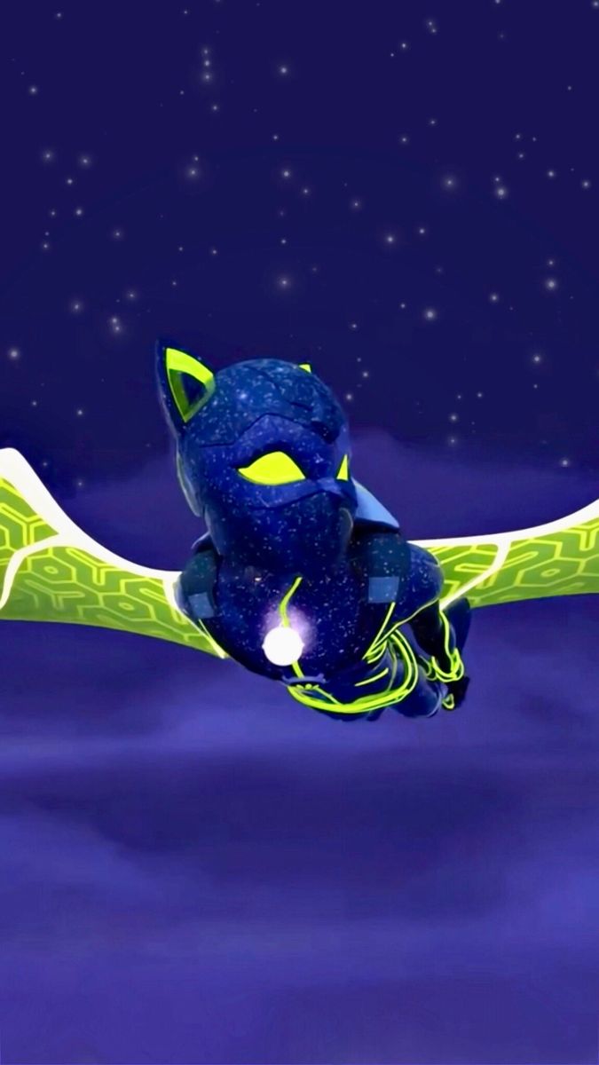 an animated cat flying through the sky at night