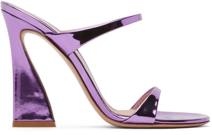 Handcrafted patent calfskin heeled sandals in metallic purple. · Open toe · Straps at vamp · Gold-tone logo stamp at leather footbed · Covered block heel with rubber injection · Leather sole · Heel: H4.5 in Supplier color: Freesia Purple Aura, Leather Gladiator Sandals, Knee High Leather Boots, Blue Sandals, Suede Sandals, Gianvito Rossi, Block Heels Sandal, Braided Leather, Gladiator Sandals