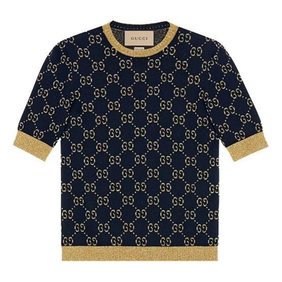 (WMNS) GUCCI GG Cotton Silk Short Sleeve Top Shirt NavyBlue 526759-X9W83-4921 (Women's) Lurex Top, Top Azul, Gucci Shirt, Louis Vuitton Shirt, Chanel Shirt, Gold Lame, Gucci Monogram, Silk Shorts, Gucci Men