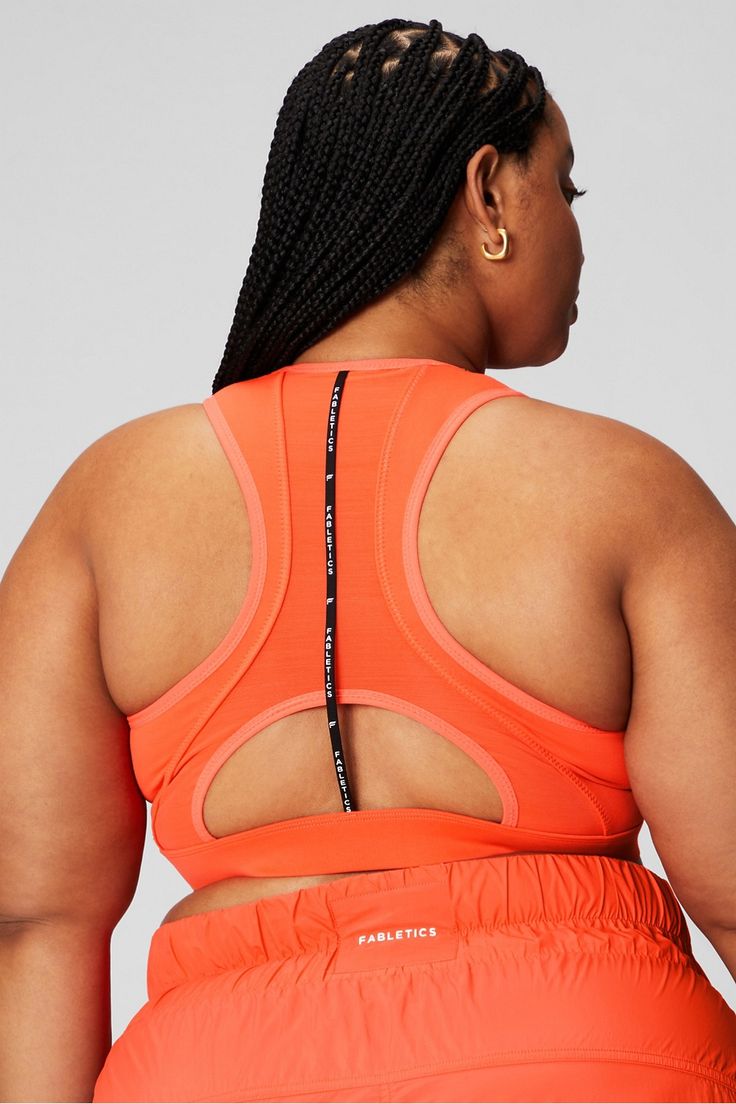 Belle Racerback High Impact Sports Bra Fabletics orange female Activewear >> Womens >> Sports Bras >> High Impact plus Running/Training Moisture-Wicking High-impact, racerback style. Orange Stretch Athleisure Sports Bra, Orange Athleisure Sports Bra With Stretch, Orange Athleisure Stretch Sports Bra, Orange Stretch Activewear For Gym, High Stretch Orange Activewear For Training, Orange Stretch Sportswear Activewear, Orange Sleeveless Activewear For Gym, Orange Sleeveless Gym Activewear, Stretch Orange Sports Bra