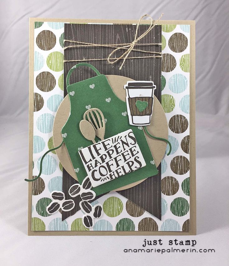 a handmade card with an image of a green apron and coffee mug on it