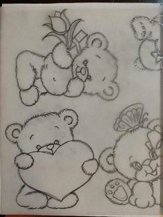 two teddy bears with hearts and flowers on them, one holding a flower in the other's hand