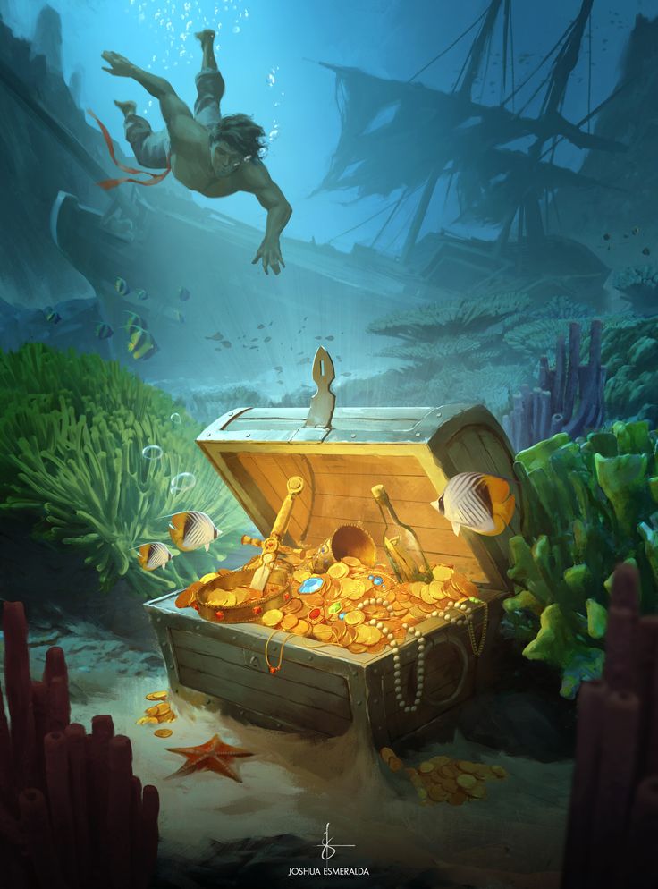 an underwater scene with a chest full of gold and two people diving in the water