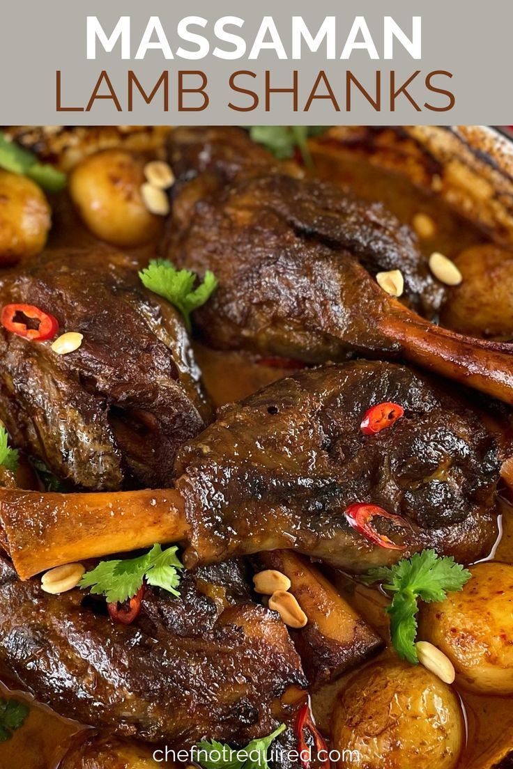 a dish with lamb shanks, potatoes and garnishes