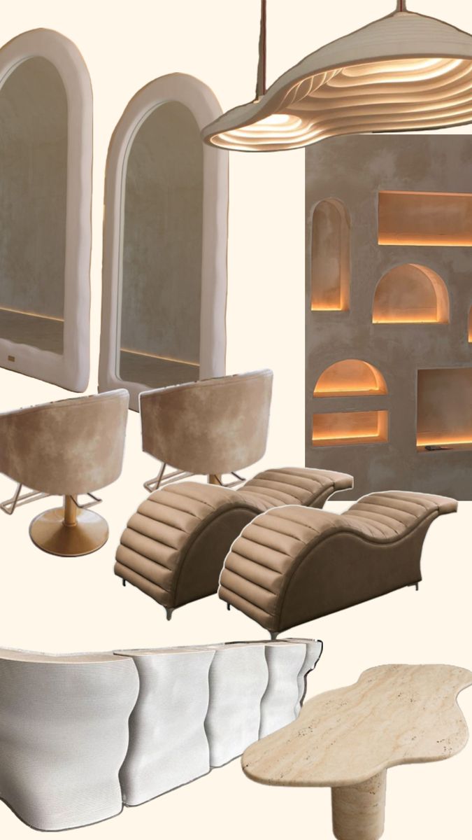 an assortment of modern furniture and lighting