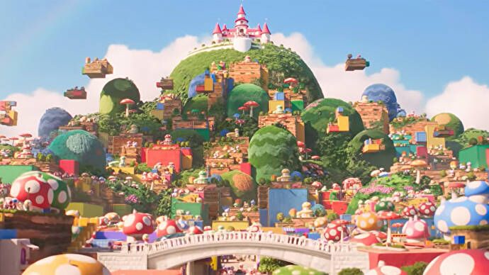 an image of mario kart in the middle of a city with lots of balloons