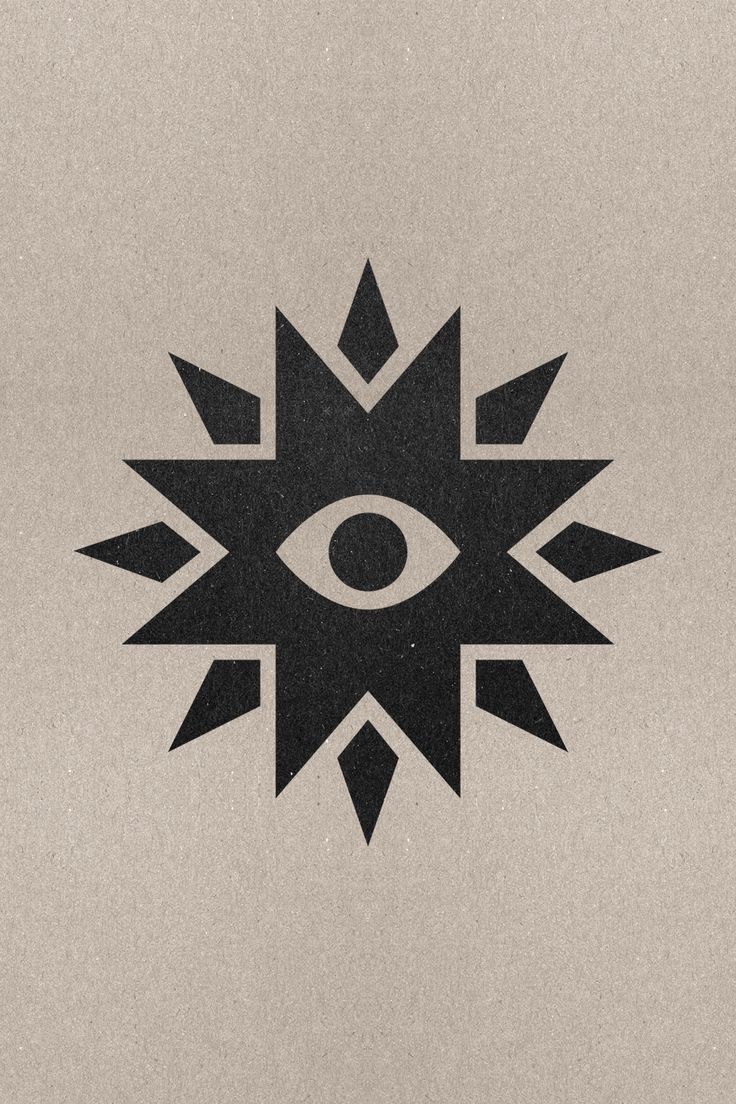 an eye is shown in the center of this black and white design on a beige background