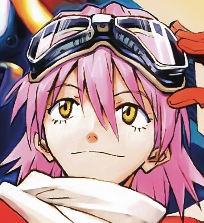 an anime character with pink hair and goggles