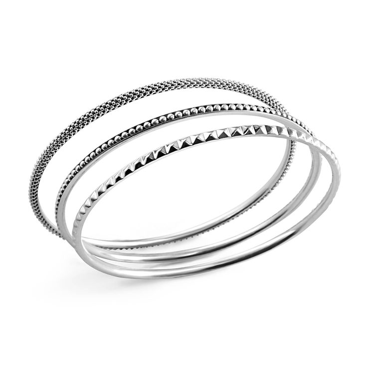 Three sterling silver round bangles join to form this versatile bracelet. Two bangles of Caviar beading and one with a sugarloaf motif. Lagos Jewelry, Sculptural Jewelry, Bangle Set, Engraved Items, Bracelet Sizes, Precious Metals, Beading, Silver Bracelet, Bangles