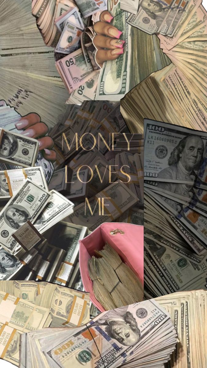 money is being spread out on top of each other with the words money loves me