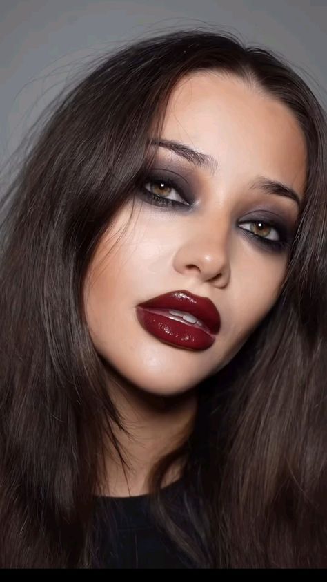 Vampy Lip Makeup Look, Vampy Red Lip, Formal Goth Makeup, Vampy Makeup Looks, Dark Hair Red Lips, Dracula Makeup, Halloween Witch Makeup, Thanksgiving Apple Cider, Catwoman Makeup