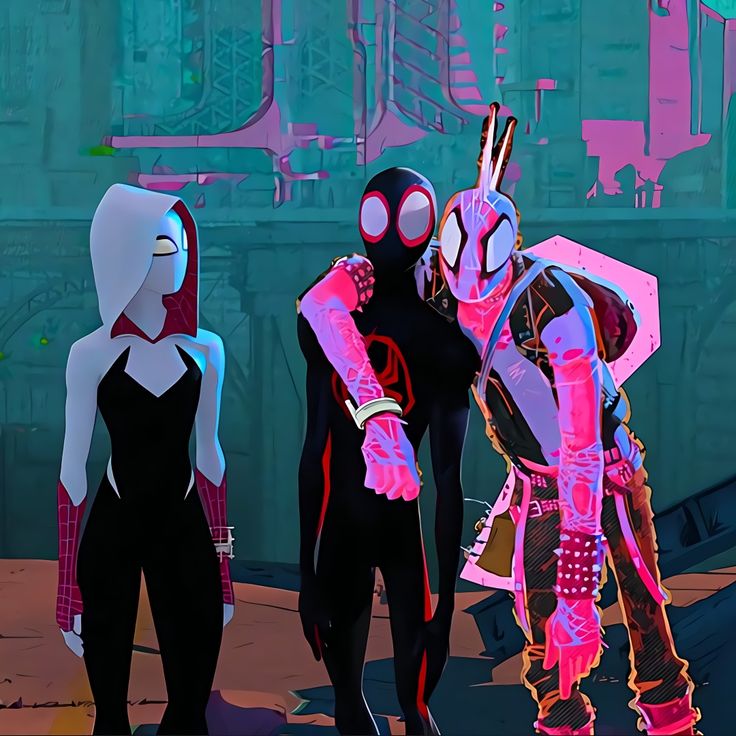 three cartoon characters standing in front of an industrial area with pink and blue light coming from behind them