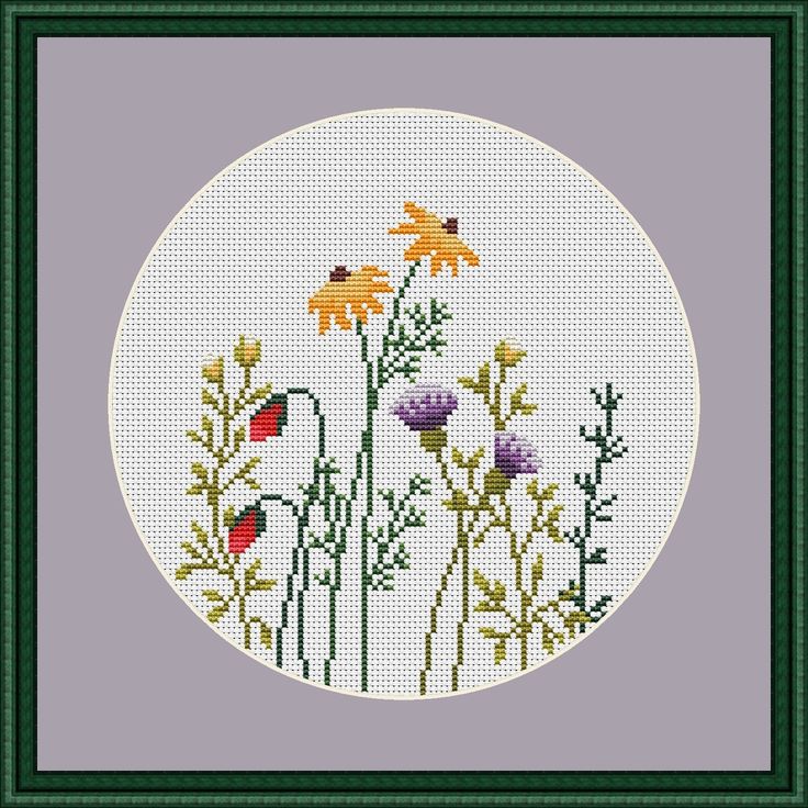 a cross stitch pattern with flowers and butterflies on the front, in a white circle