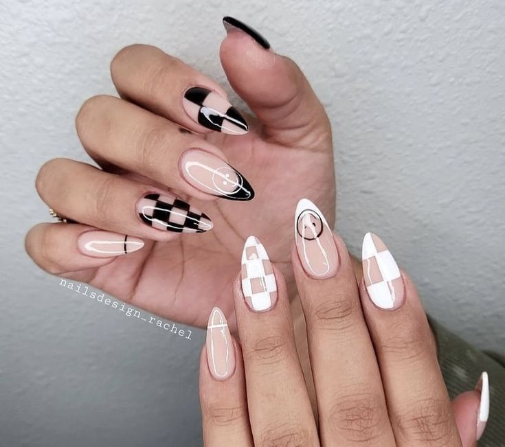 Checkered Nails Almond Shape, French Checkered Nails, White French Tip With Design Almond, Edgy Almond Nails Designs, Black And White Funky Nails, Lilac Checkered Nails, Edgy Neutral Nails, White And Black Checkered Nails, Nail Inspo With Black